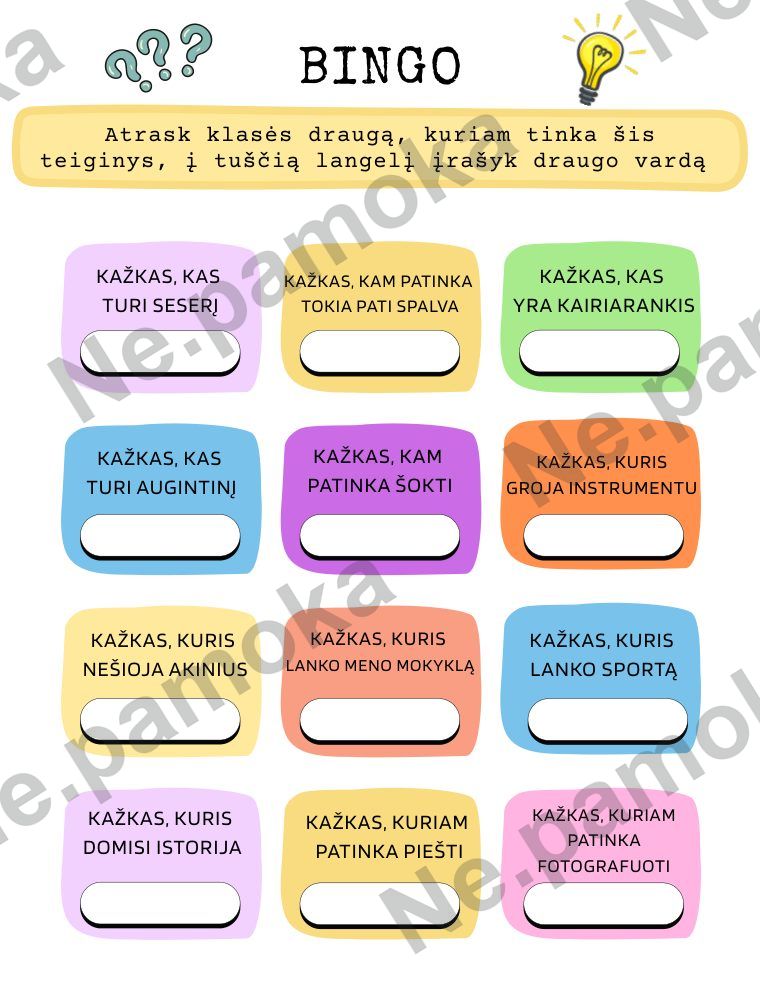 Klasės susipažinimo BINGO žaidimas