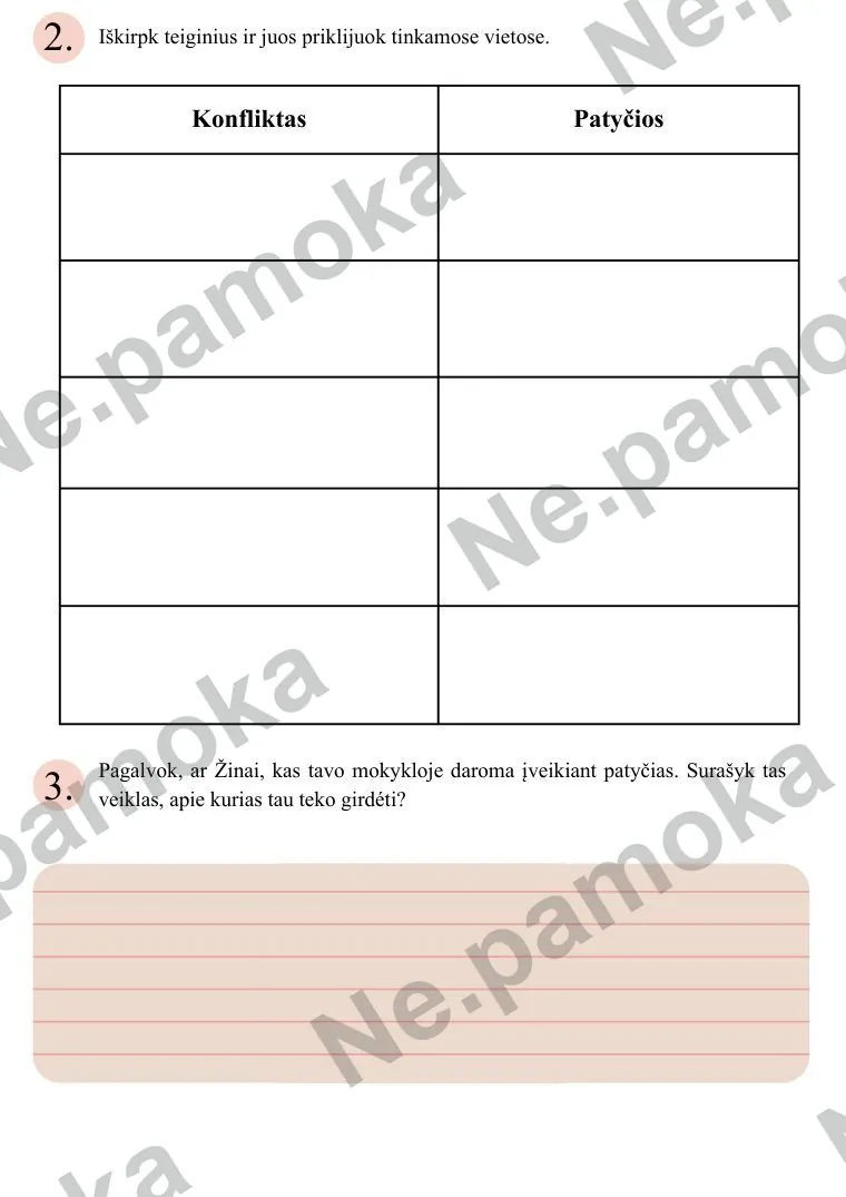 2 lapas: lentelė „Konfliktas“ ir „Patyčios“ teiginiams suklijuoti ir klausimas apie veiklas mokykloje
