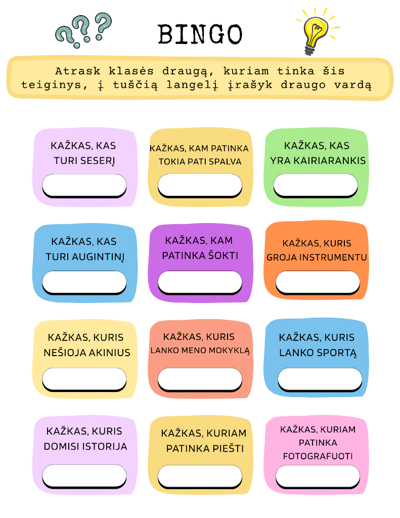 Klasės susipažinimo BINGO žaidimas